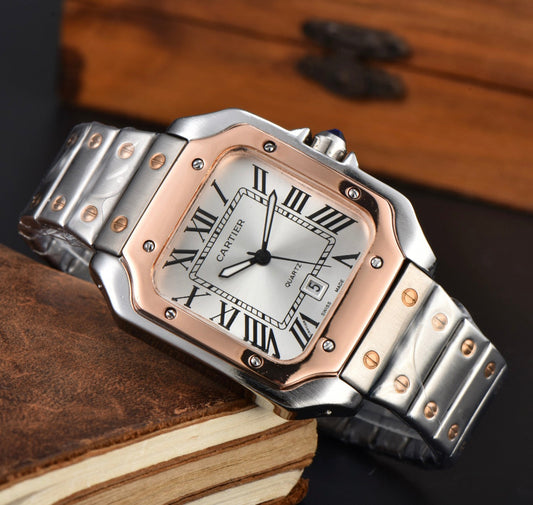 Cartier Santos White Dial Bronze Bezel