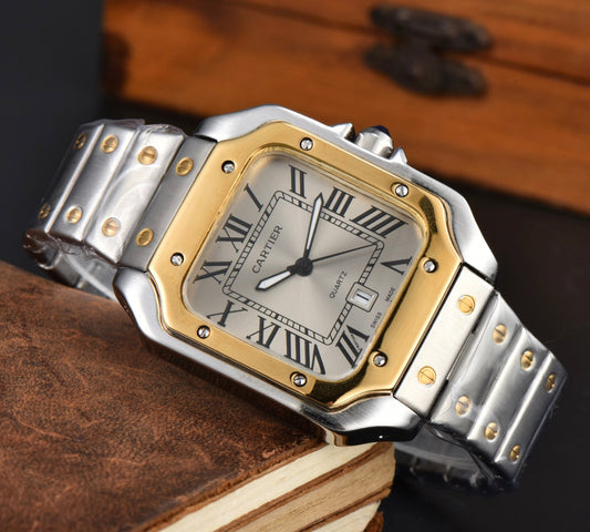 Cartier Santos Grey Dial Gold Bezel