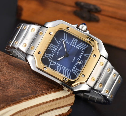 Cartier Santos Blue Dial Gold Bezel