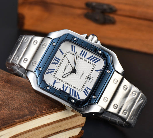 Cartier Santos White Dial Blue Bezel