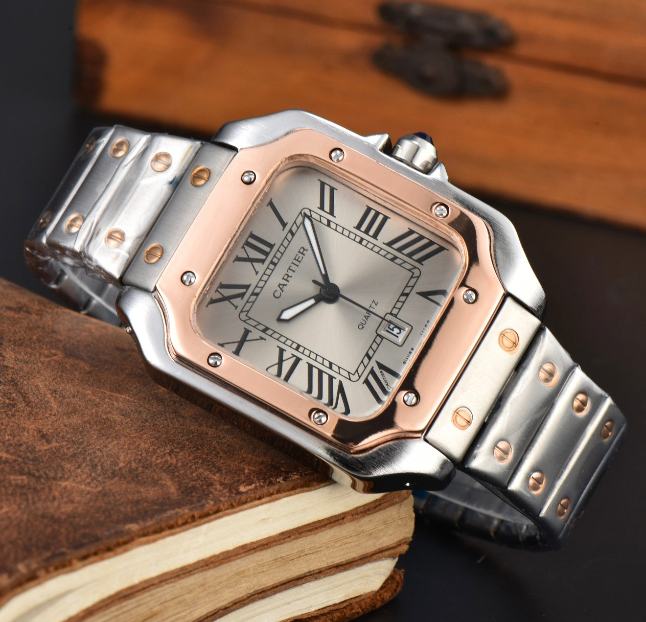 Cartier Santos Grey Dial Bronze Bezel