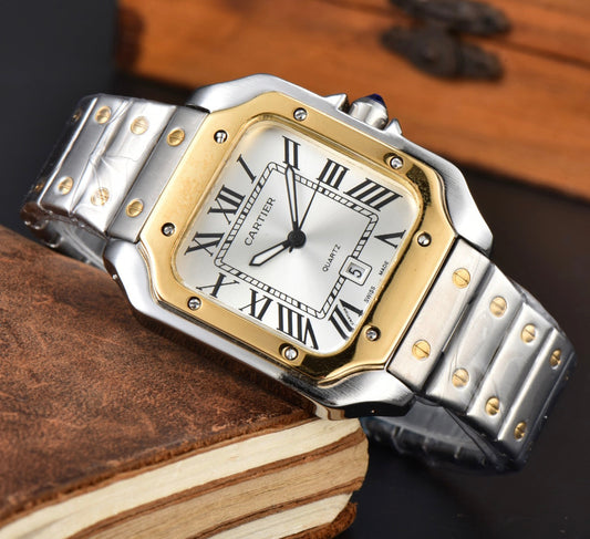 Cartier Santos White Dial Gold Bezel
