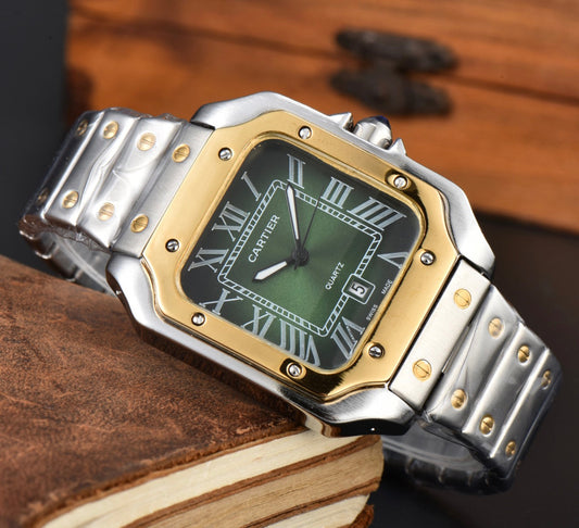 Cartier Santos Green Dial Gold Bezel