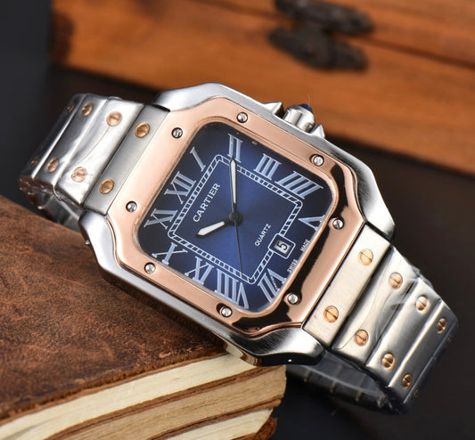Cartier Santos Blue Dial Bronze Bezel